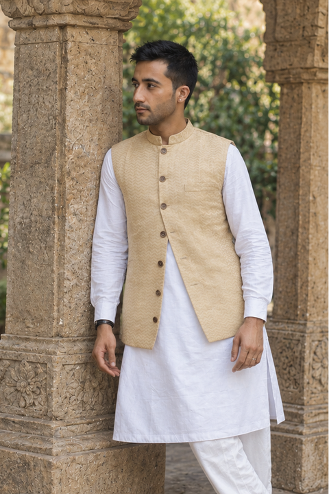 Offwhite Handloom Silk Kurta with Gold Zari Weave Jacket and Cotton Pajama (Set of 3)