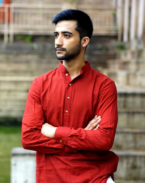 Khadi Cotton Collared Kurta with Off-White Straight Pants (Set of 2)