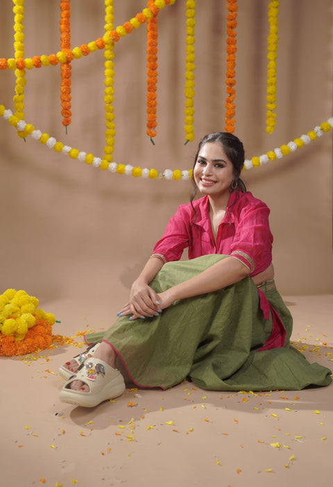 Buy Tie Warp Blouse With Stylized High Low Lehanga Set In Pink & Olive Green Chanderi Handloom (Set Of 3) - By Vinusto