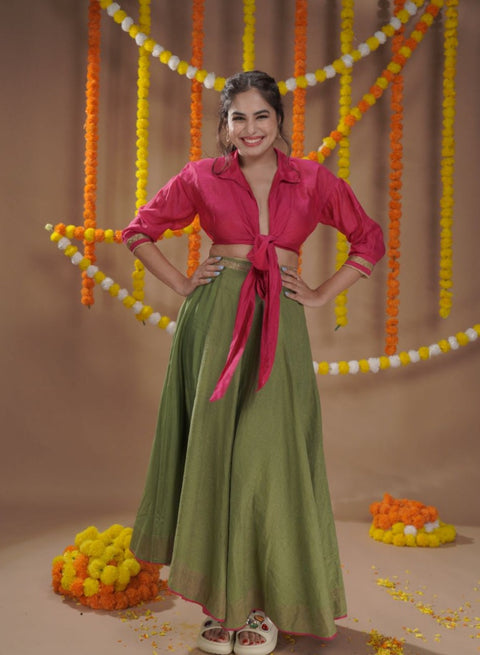 Tie Warp Blouse with Stylized High Low Lehanga Set in Pink & Olive Green Chanderi Handloom (Set of 3)