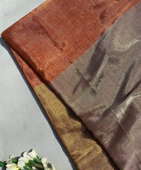 Handwoven Zari Fabric with Rust, Gold & Copper panels (Handloom)