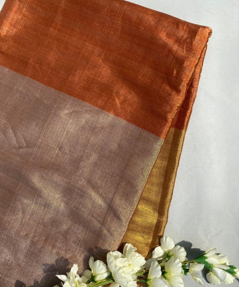 Handwoven Zari Fabric with Rust, Gold & Copper panels (Handloom)