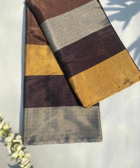 Handwoven Zari Stripe Fabric in Silver, Gold & Coffee Stripes (Handloom)