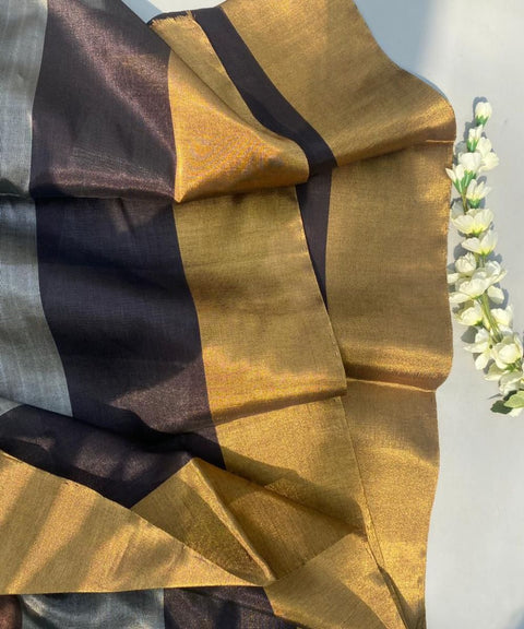 Handwoven Zari Stripe Fabric in Silver, Gold & Coffee Stripes (Handloom)
