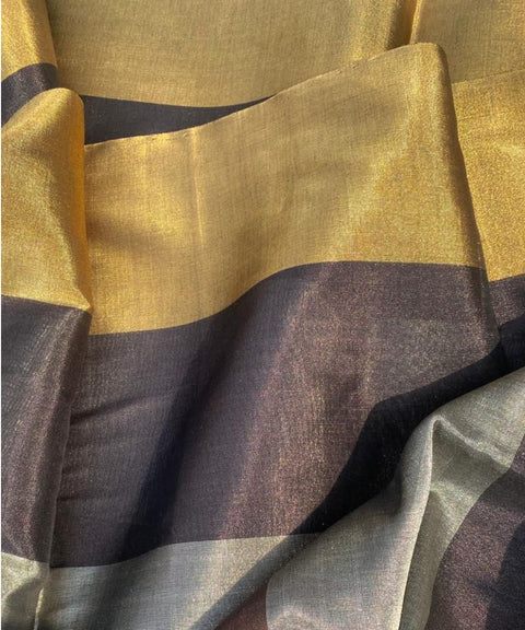 Handwoven Zari Stripe Fabric in Silver, Gold & Coffee Stripes (Handloom)