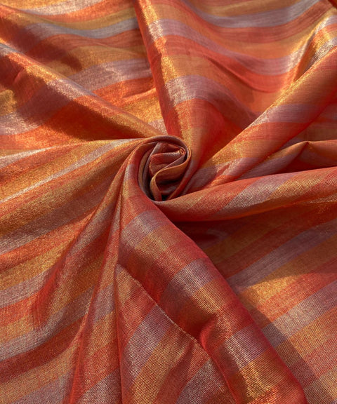 Handwoven Zari Fabric in Orange, Gold & Silver Stripe (Handloom)