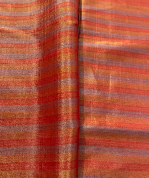Handwoven Zari Fabric in Orange, Gold & Silver Stripe (Handloom)