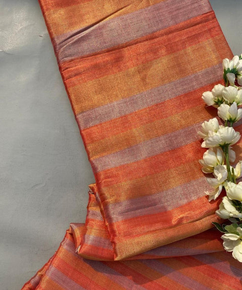 Handwoven Zari Fabric in Orange, Gold & Silver Stripe (Handloom)