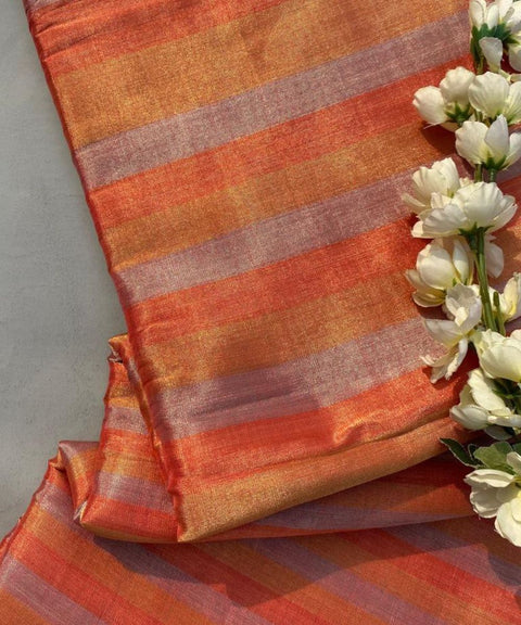 Handwoven Zari Fabric in Orange, Gold & Silver Stripe (Handloom)