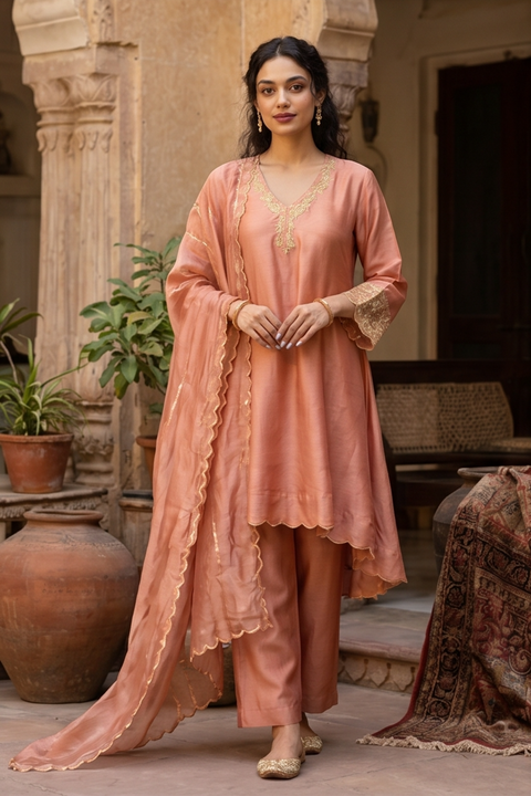 Coral High Low Embroidered Chanderi Kurta Set with Tissue Dupatta (Set of 3)