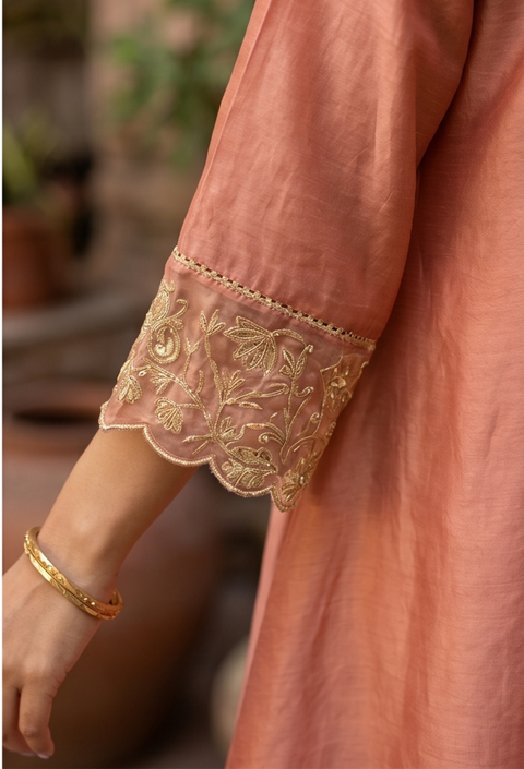 Coral High Low Embroidered Chanderi Kurta Set with Tissue Dupatta (Set of 3)