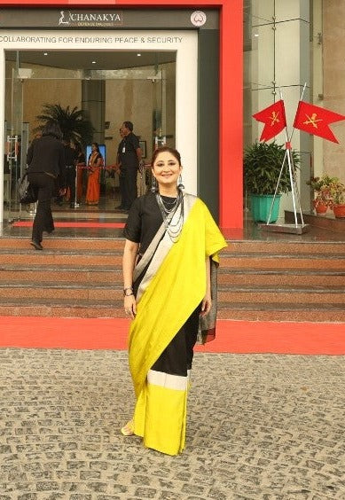 Chanderi Color Block Saree in Black & Lime Yellow with Silver Zari Border
