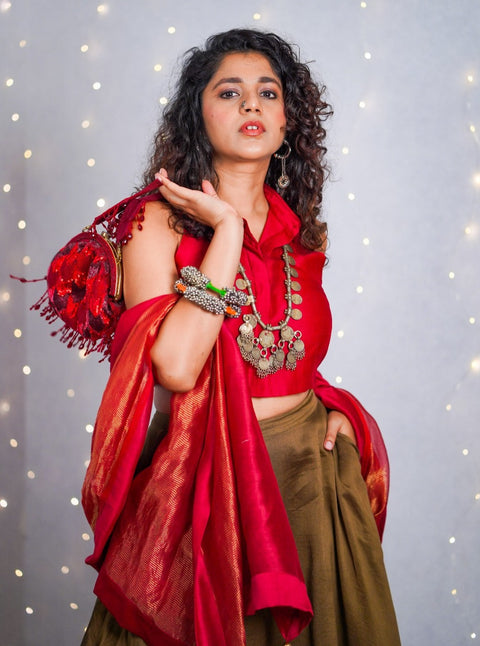 Shop Coord Set- Red Halter Neck Top, Flared Skirt In Tobacco Brown With Red & Gold Stripe Dupatta In Chanderi Hand Loom (Set Of 3)at Best Price online - By Vinusto