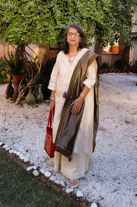 Ivory Chanderi Hand loom Asymmetrical Kurta, with Tabacco Brown & Silver Stripe Dupatta
