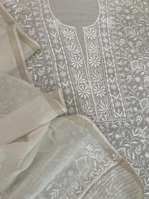 Hand- embroidered Mul Chanderi Chikankari Kurta and Dupatta (Set of 2)- Unstitched