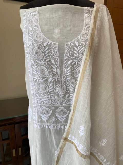 Mul Chanderi Chikankari Kurta with Hand-embroidered Yoke and Dupatta (Set of 2)- Unstitched