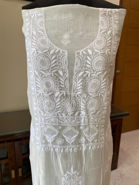 Mul Chanderi Chikankari Kurta with Hand-embroidered Yoke and Dupatta (Set of 2)- Unstitched