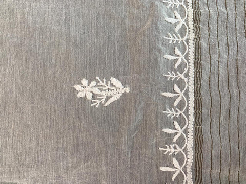 Mul Chanderi Chikankari Kurta with Hand-embroidered Yoke and Dupatta (Set of 2)- Unstitched