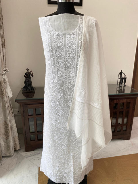Hand- embroidered Mul Chanderi Chikankari Kurta and Dupatta (Set of 2)- Unstitched