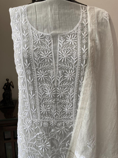 Hand- embroidered Mul Chanderi Chikankari Kurta and Dupatta (Set of 2)- Unstitched