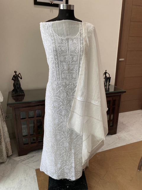 Hand- embroidered Mul Chanderi Chikankari Kurta and Dupatta (Set of 2)- Unstitched
