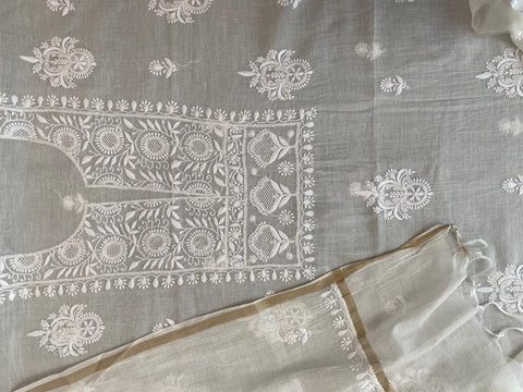 Mul Chanderi Chikankari Kurta with Hand-embroidered Yoke and Dupatta (Set of 2)- Unstitched