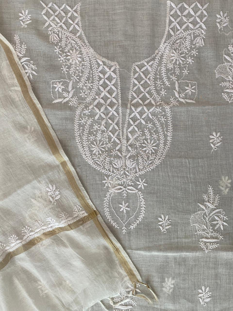 Mul Chanderi Chikankari Kurta with Hand-embroidered Yoke and Dupatta (Set of 2)- Unstitched