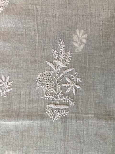 Mul Chanderi Chikankari Kurta with Hand-embroidered Yoke and Dupatta (Set of 2)- Unstitched