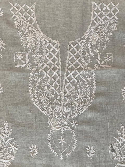 Mul Chanderi Chikankari Kurta with Hand-embroidered Yoke and Dupatta (Set of 2)- Unstitched