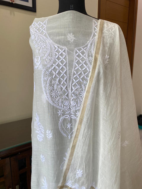 Mul Chanderi Chikankari Kurta with Hand-embroidered Yoke and Dupatta (Set of 2)- Unstitched