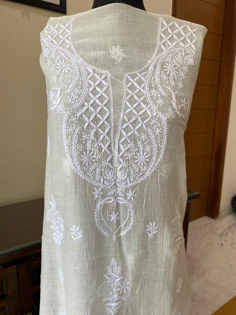 Mul Chanderi Chikankari Kurta with Hand-embroidered Yoke and Dupatta (Set of 2)- Unstitched