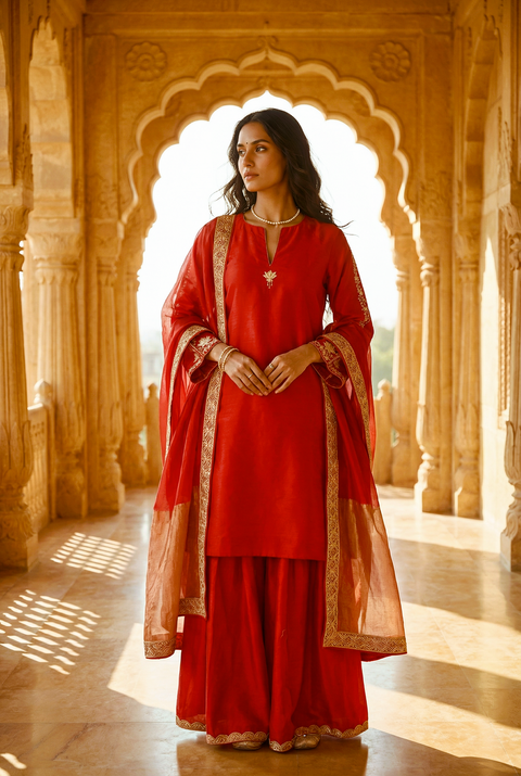Embroidered Chanderi Short Kurta & Sharara Kurta with Tissue Dupatta (Set of 3)