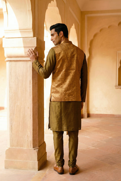 Tobacco Brown Chanderi Handloom Silk Kurta with Gold Zari Jacket and Cotton Pants (Set of 3)