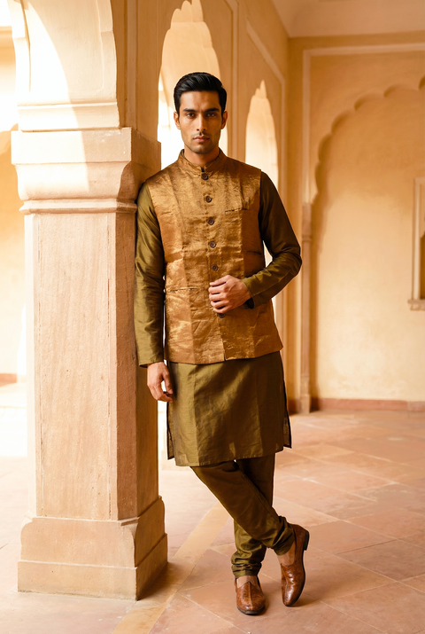 Tobacco Brown Chanderi Handloom Silk Kurta with Gold Zari Jacket and Cotton Pants (Set of 3)