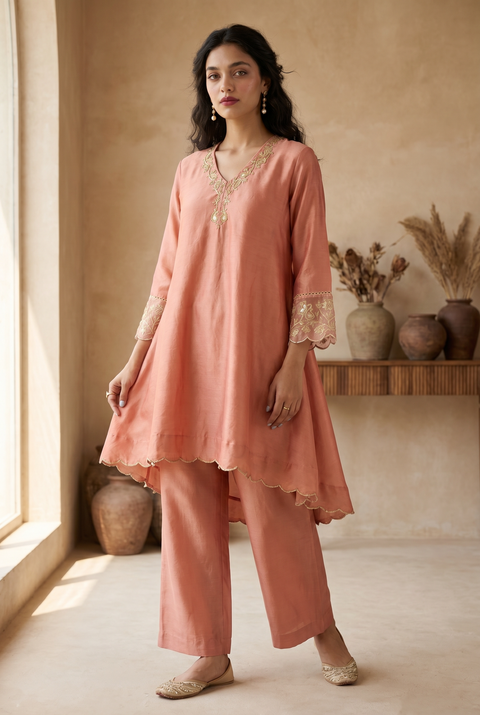 Coral High Low Embroidered Chanderi Kurta Set with Tissue Dupatta (Set of 3)