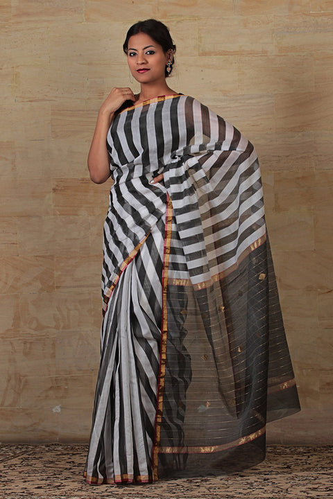 Premium Chanderi Silk Saree in Black & White Stripes with Motifs – Chic & Elegant | Vinusto

