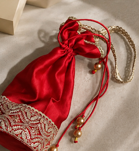Embroidered Red Silk Potli Bag