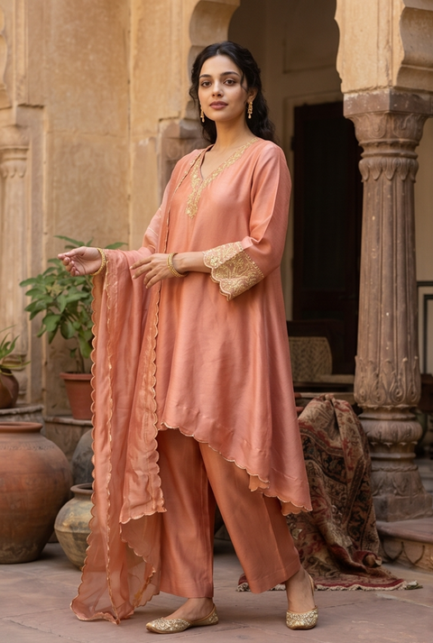 Coral High Low Embroidered Chanderi Kurta Set with Tissue Dupatta (Set of 3)