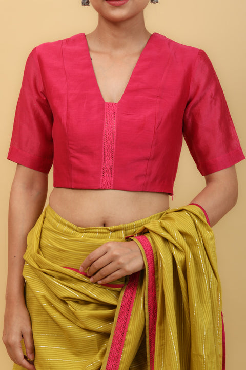 Shop Pink Chanderi Blouse with Lace Inserts | Vinusto