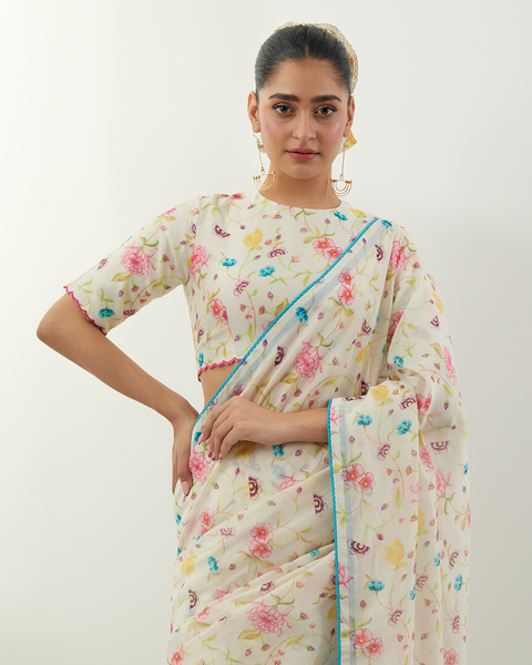 Floral Print Chanderi Handloom Saree with Scallop Details