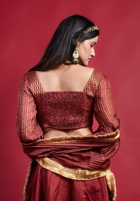 Buy Maroon Smocking Blouse in Zari Chanderi Handloom | Vinusto