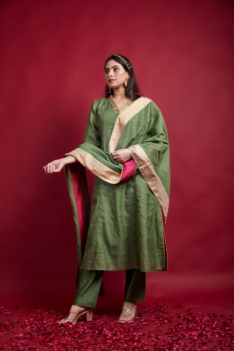 Olive Green & Gold Stripe Chanderi Dupatta with Trims