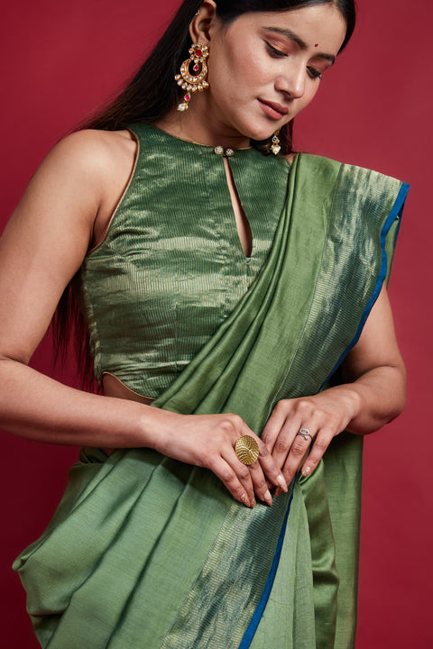Shop Curved Hem Olive Green & Gold Blouse in Chanderi Handloom | Vinusto