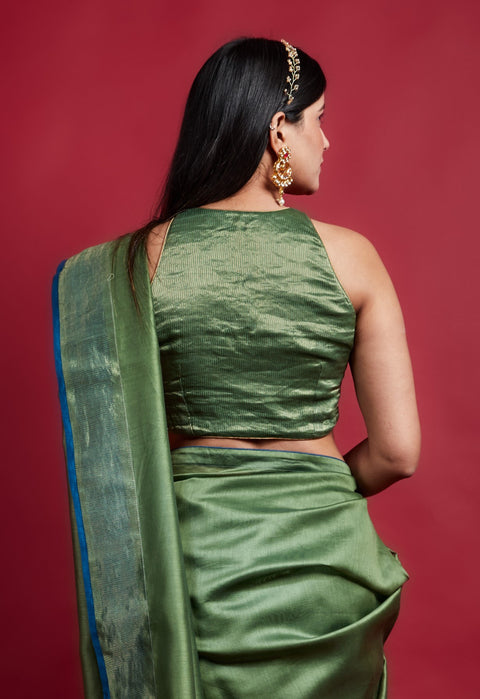 Buy Curved Hem Olive Green & Gold Blouse in Chanderi Handloom | Vinusto