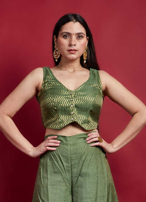 Basket Style Blouse in Oliver Green Zari Weave