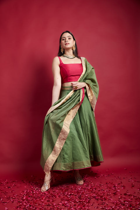 Olive Green & Gold Stripe Chanderi Dupatta with Trims