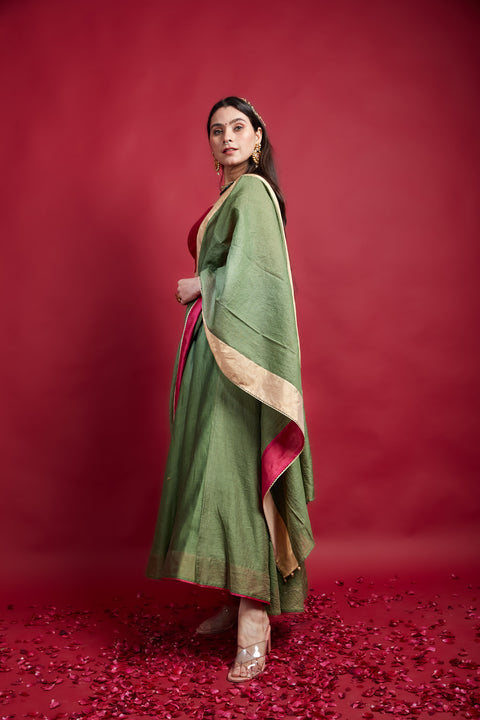 Olive Green & Gold Stripe Chanderi Dupatta with Trims