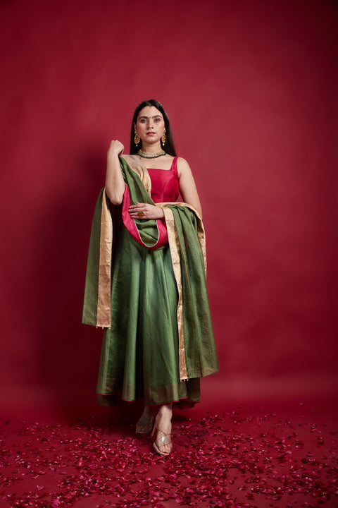 Olive Green & Gold Stripe Chanderi Dupatta with Trims