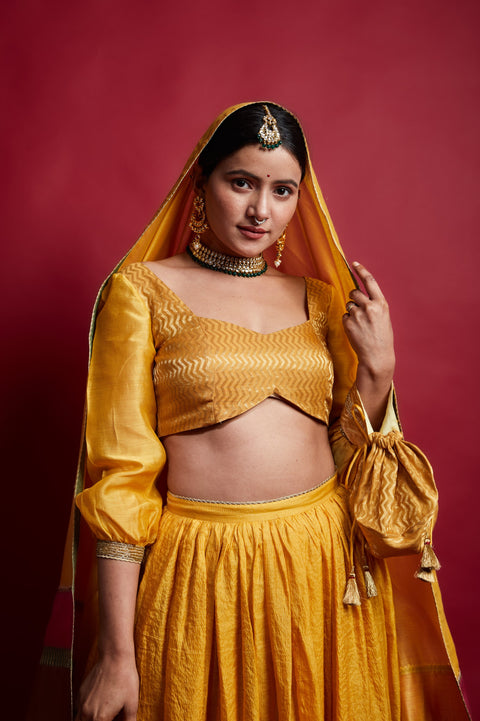 Shop Turmeric Yellow Smocking Blouse in Zari Chanderi Handloom | Vinusto