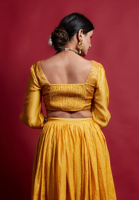 Buy Turmeric Yellow Smocking Blouse in Zari Chanderi Handloom | Vinusto